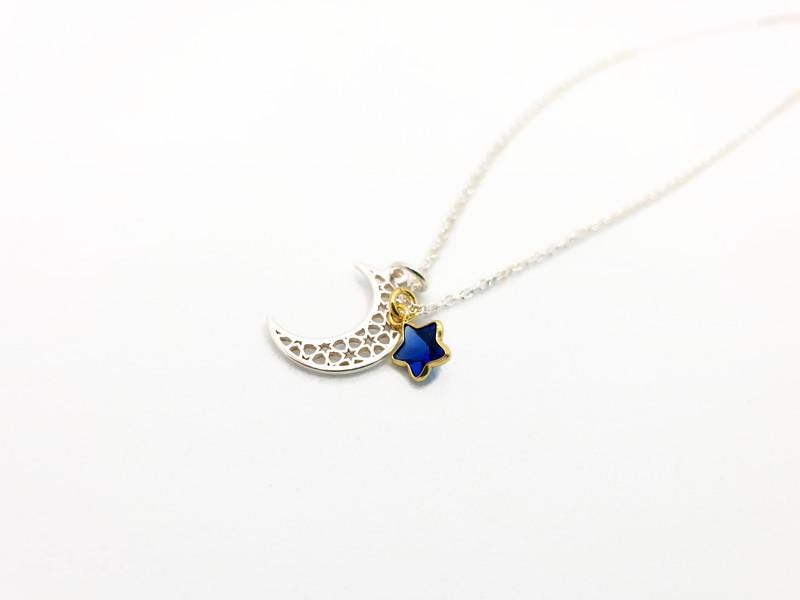 Sterling Silver Celestial Necklace: Moon & Blue Star Pendant