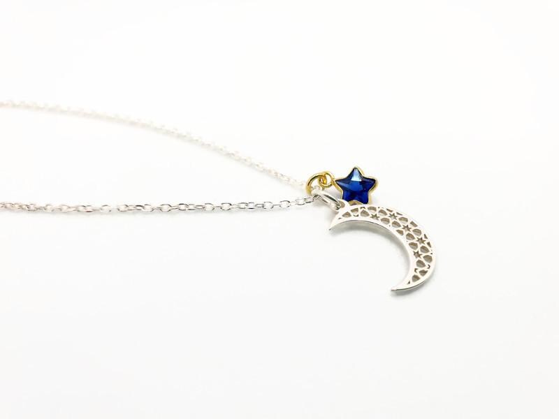 Sterling Silver Celestial Necklace: Moon & Blue Star Pendant