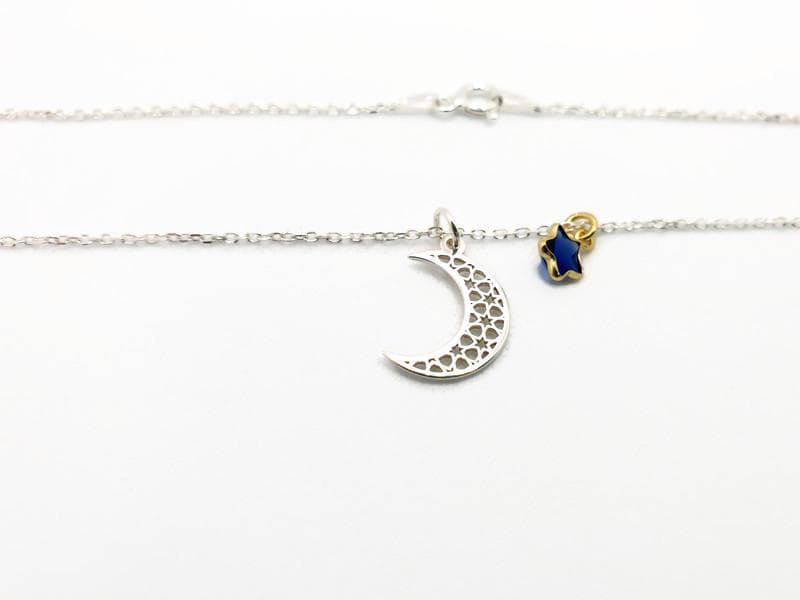 Sterling Silver Celestial Necklace: Moon & Blue Star Pendant