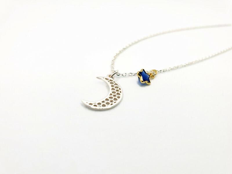 Sterling Silver Celestial Necklace: Moon & Blue Star Pendant