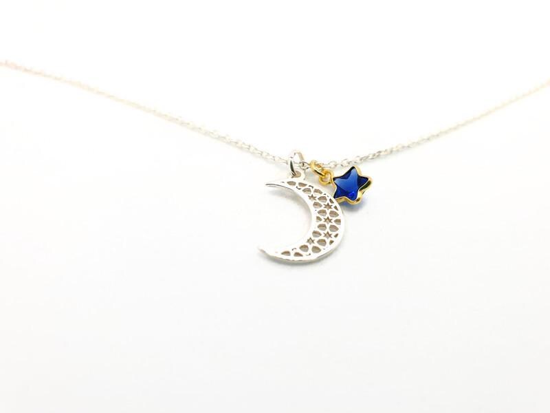 Sterling Silver Celestial Necklace: Moon & Blue Star Pendant