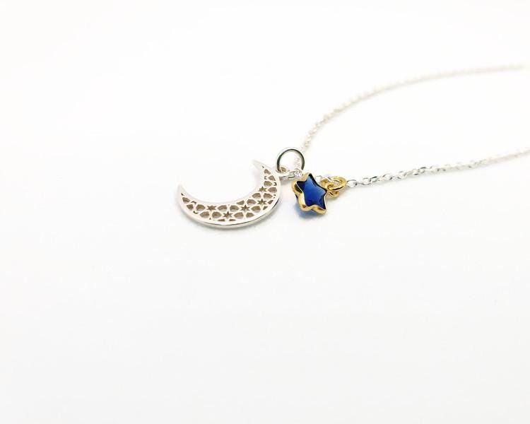 Sterling Silver Celestial Necklace: Moon & Blue Star Pendant
