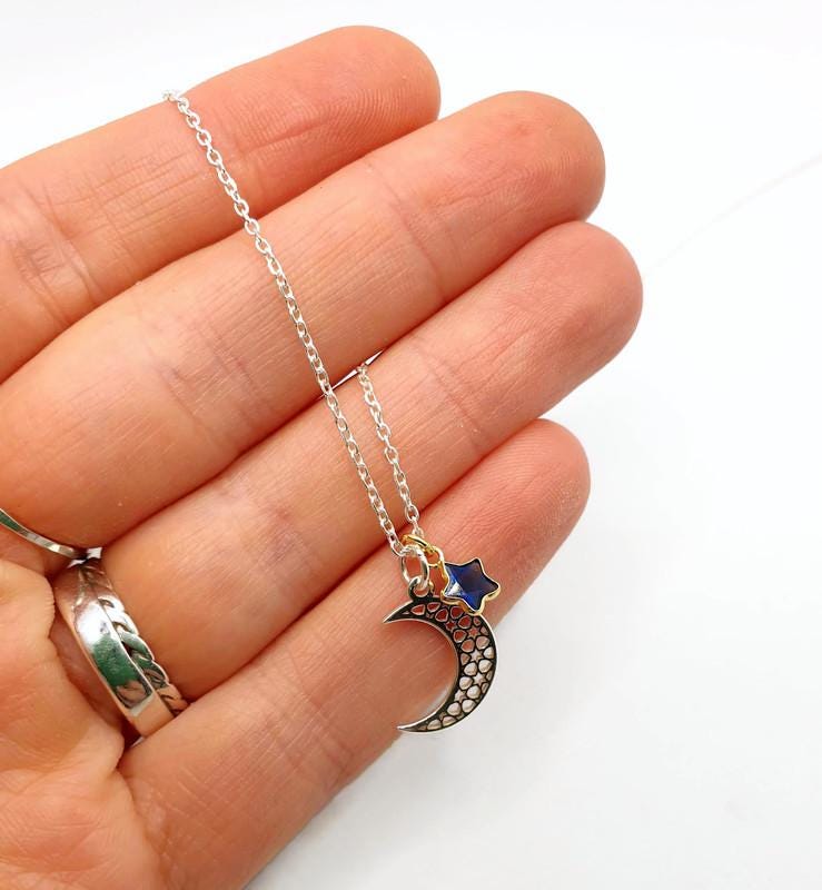Sterling Silver Celestial Necklace: Moon & Blue Star Pendant