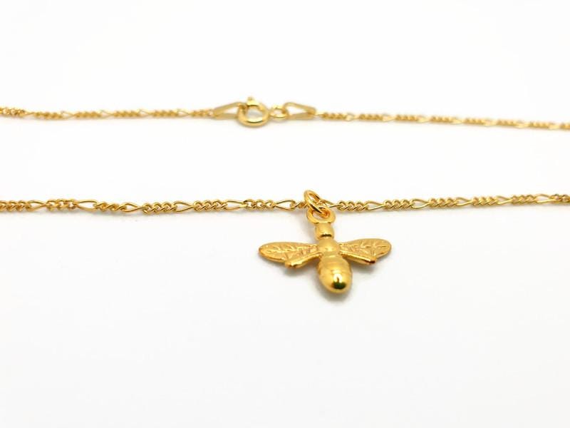 Gold Plated Bee Pendant Necklace: Figaro Chain Honeybee Jewelry