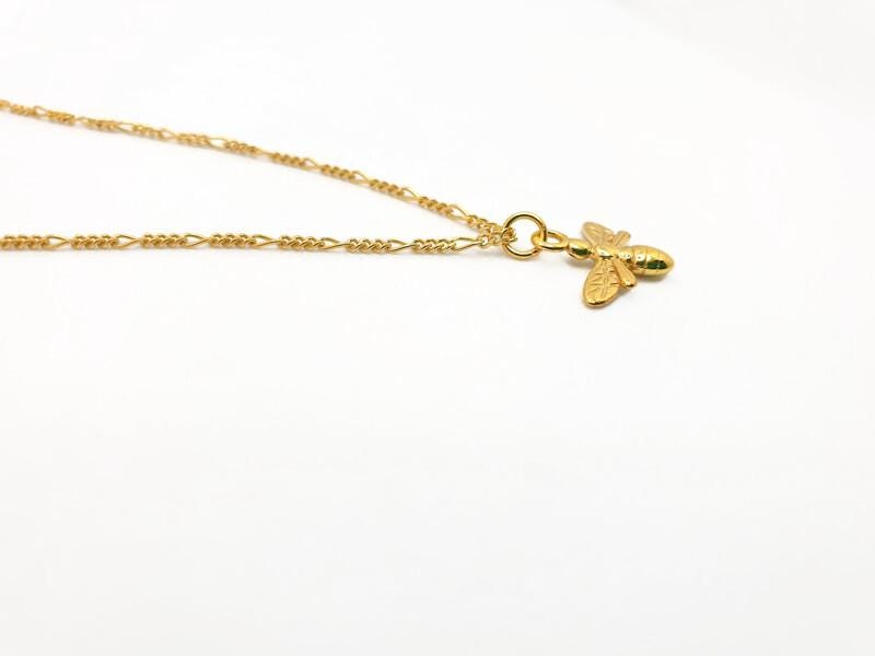 Gold Plated Bee Pendant Necklace: Figaro Chain Honeybee Jewelry