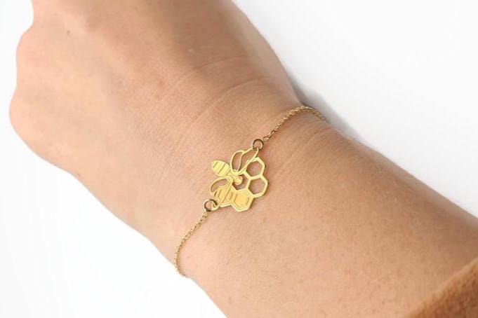 Gold Plated Honeycomb Bee Charm Bracelet: Delicate Cable Chain