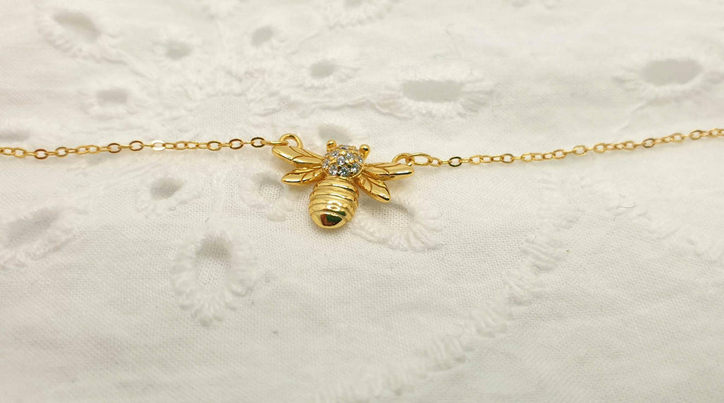 Gold Plated Bee Necklace: Cubic Zirconia Honeybee Pendant