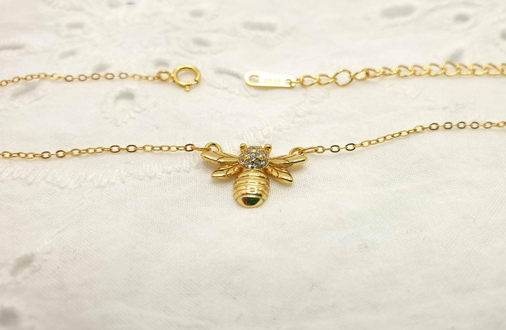 Gold Plated Bee Necklace: Cubic Zirconia Honeybee Pendant