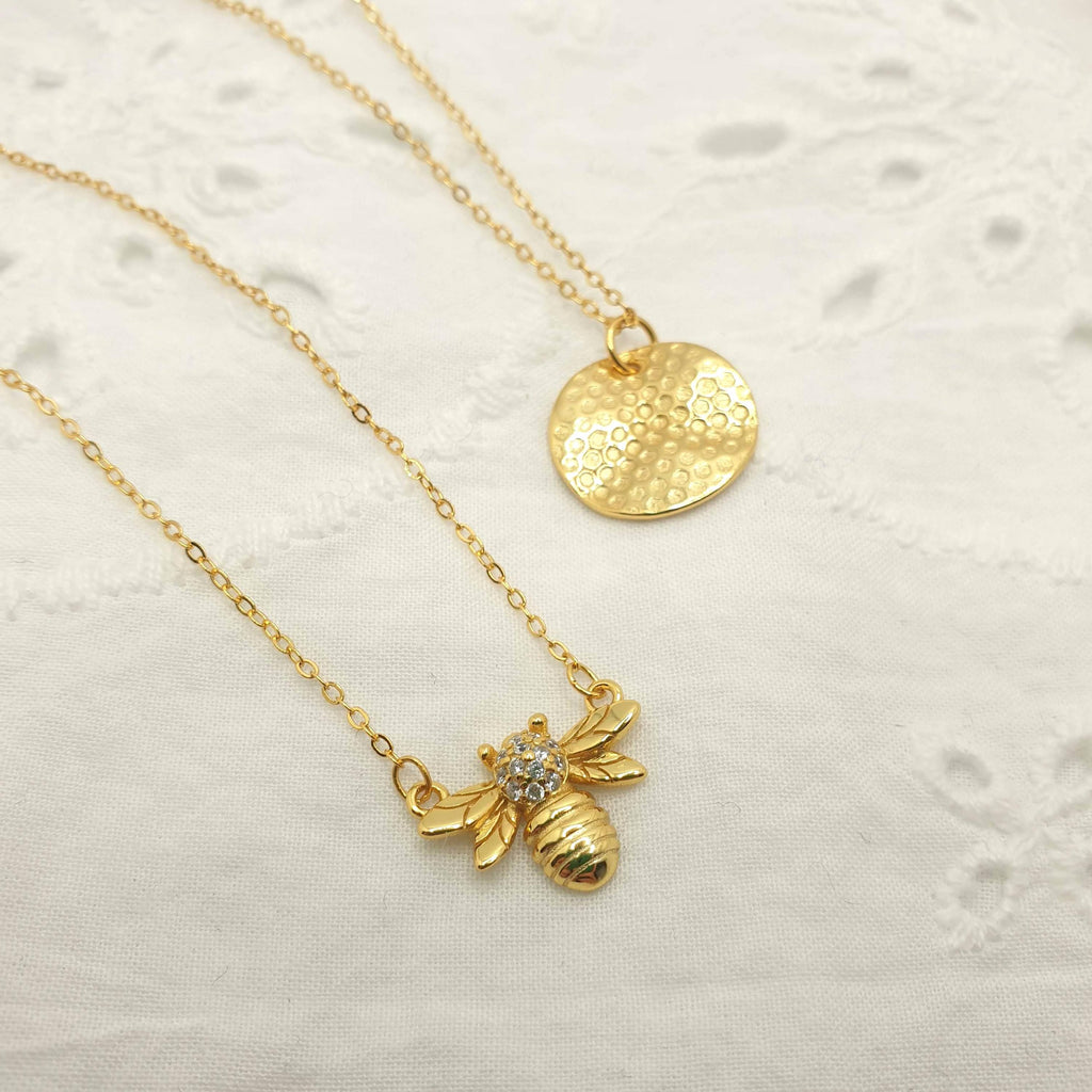 Gold Plated Honeycomb Bee Necklace: Cubic Zirconia Charm
