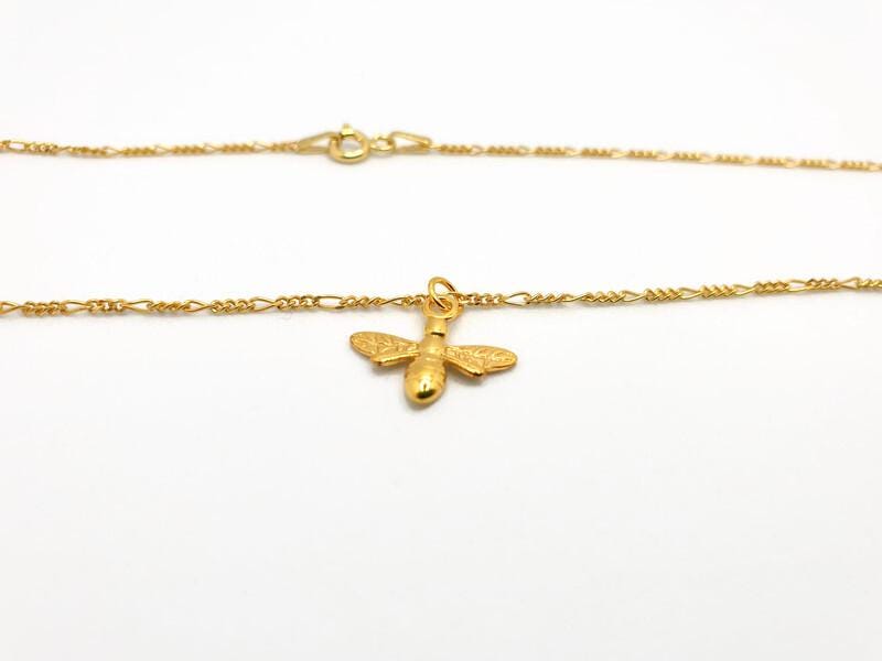 Gold Plated Bee Pendant Necklace: Figaro Chain Honeybee Jewelry