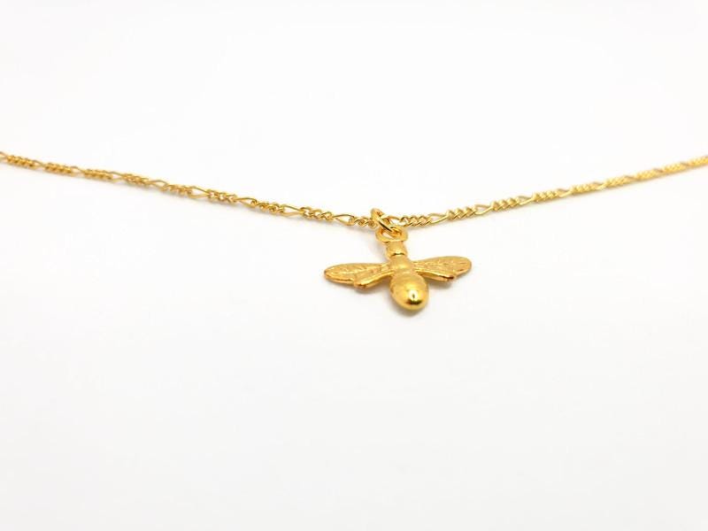 Gold Plated Bee Pendant Necklace: Figaro Chain Honeybee Jewelry