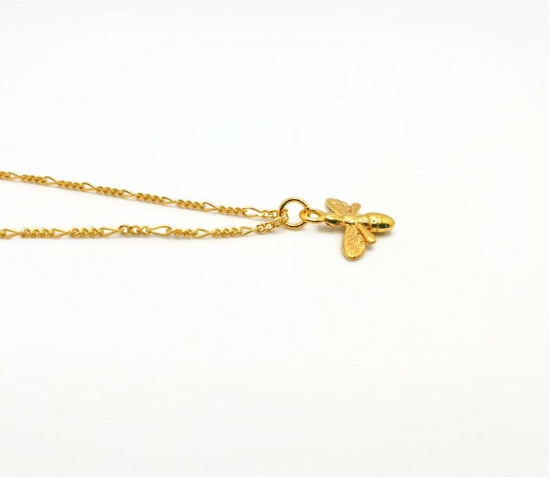 Gold Plated Bee Pendant Necklace: Figaro Chain Honeybee Jewelry
