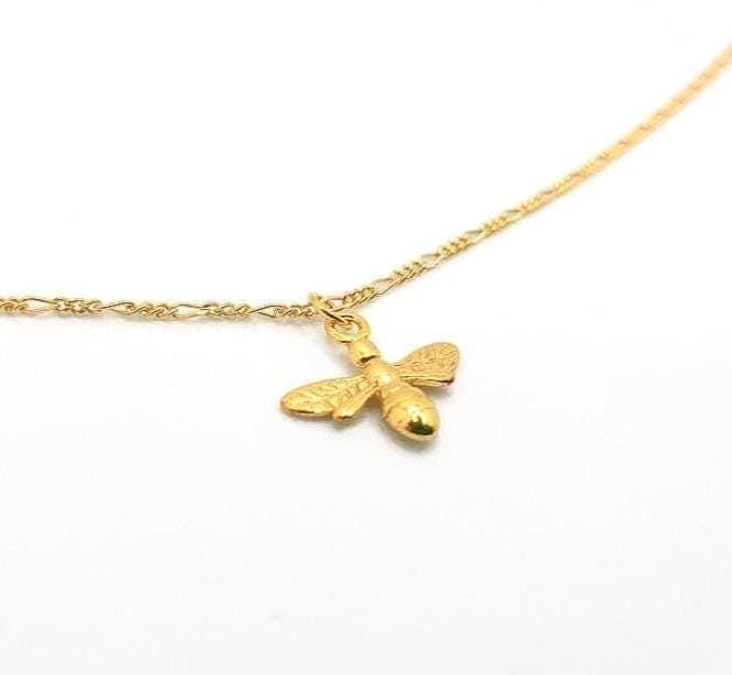 Gold Plated Bee Pendant Necklace: Figaro Chain Honeybee Jewelry