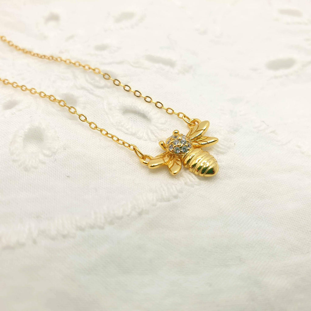 Gold Plated Bee Necklace: Cubic Zirconia Honeybee Pendant