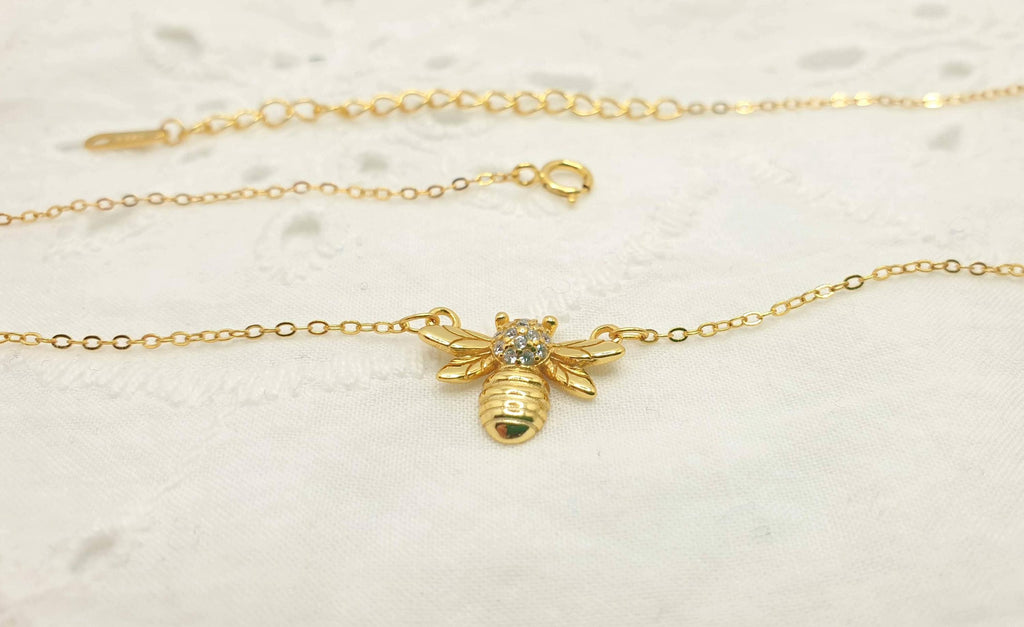 Gold Plated Bee Necklace: Cubic Zirconia Honeybee Pendant