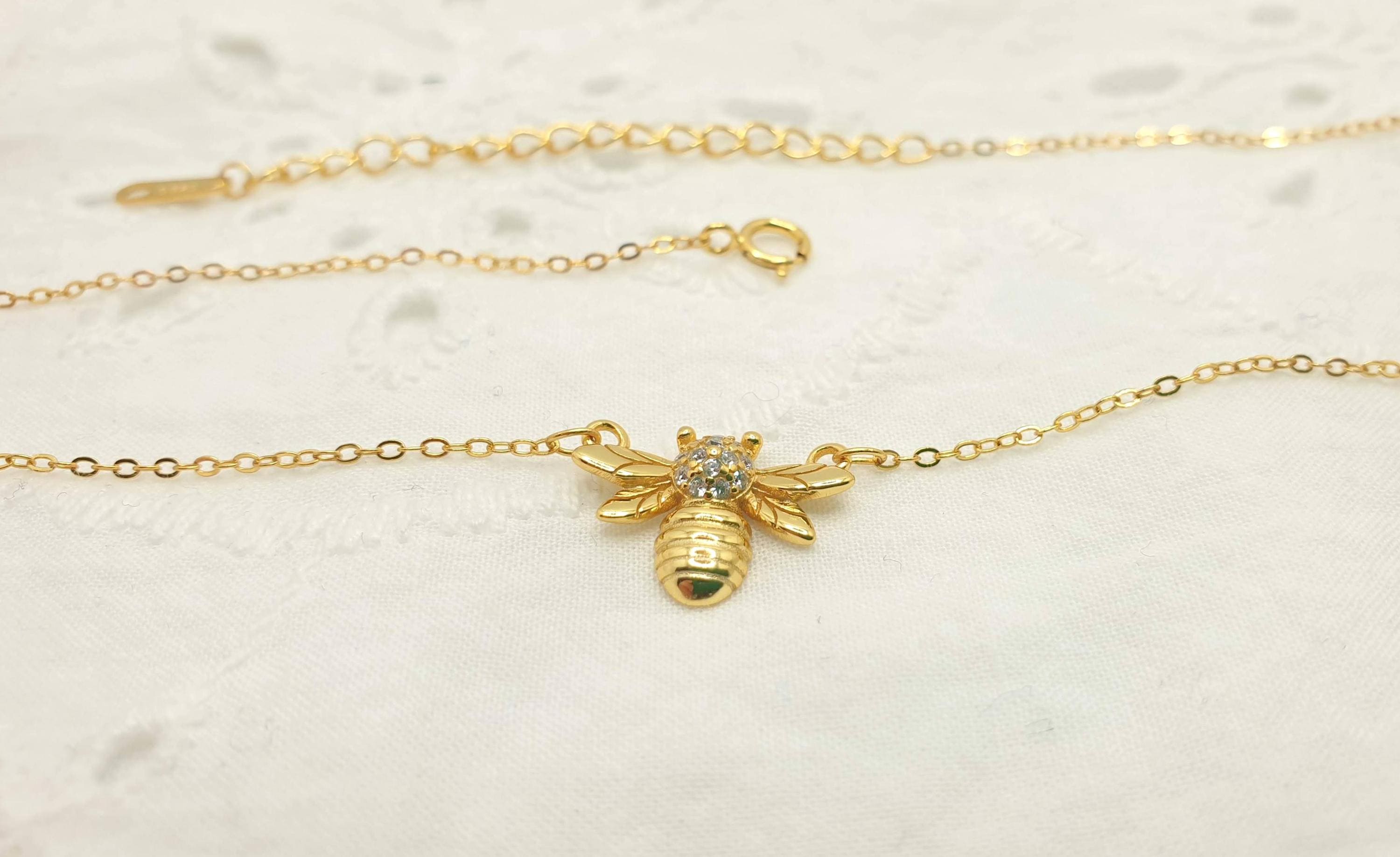 Gold Plated Bee Necklace: Cubic Zirconia Honeybee Pendant