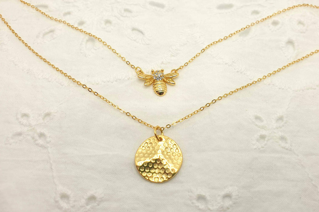 Gold Plated Bee Necklace: Cubic Zirconia Honeybee Pendant