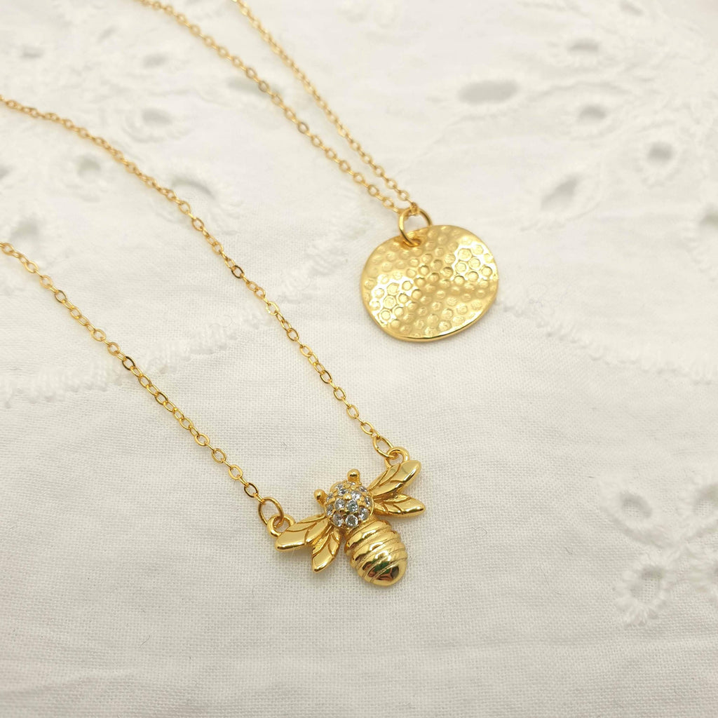 Gold Plated Bee Necklace: Cubic Zirconia Honeybee Pendant