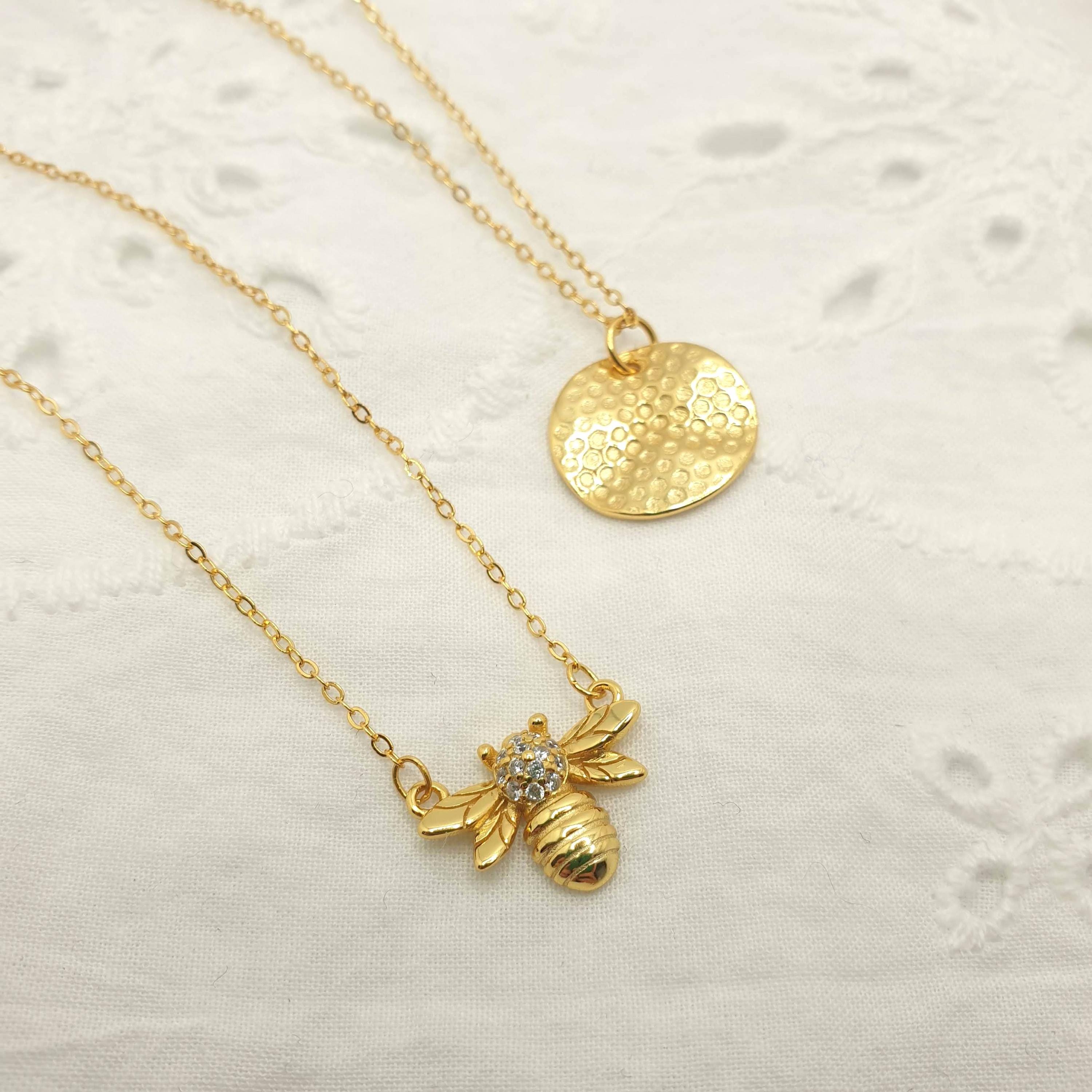 Gold Plated Bee Necklace: Cubic Zirconia Honeybee Pendant
