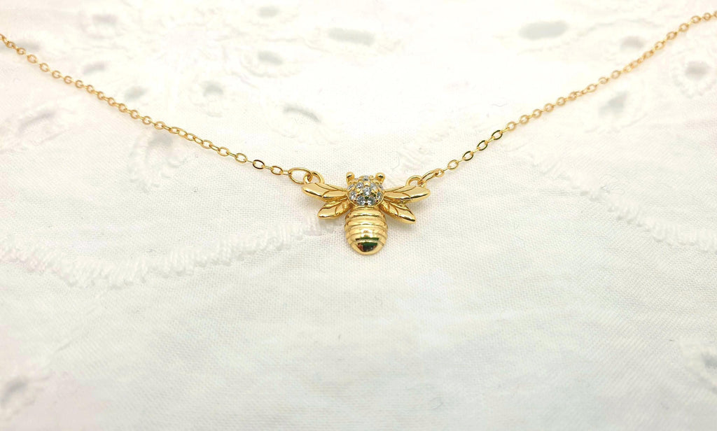 Gold Plated Bee Necklace: Cubic Zirconia Honeybee Pendant
