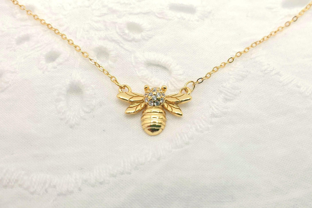 Gold Plated Bee Necklace: Cubic Zirconia Honeybee Pendant