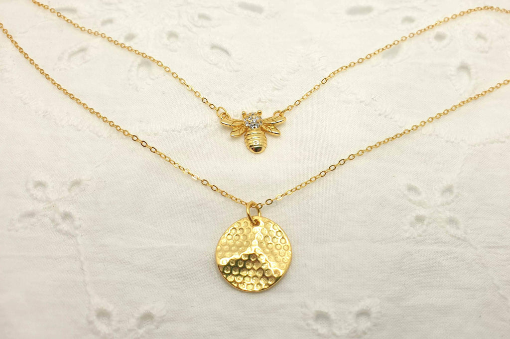 Gold Plated Honeycomb Bee Necklace: Cubic Zirconia Charm