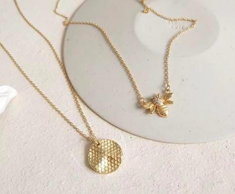 Gold Plated Honeycomb Bee Necklace: Cubic Zirconia Charm