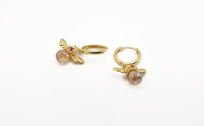 Gold Plated Honey Bee Hoop Earrings: Pink Crystal Dangle, Nature Jewelry