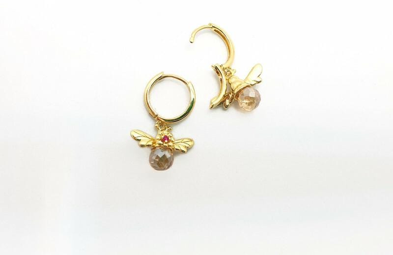 Gold Plated Honey Bee Hoop Earrings: Pink Crystal Dangle, Nature Jewelry