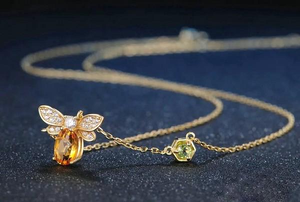 Gold Plated Honey Bee Necklace: Citrine, Peridot & Cubic Zirconia
