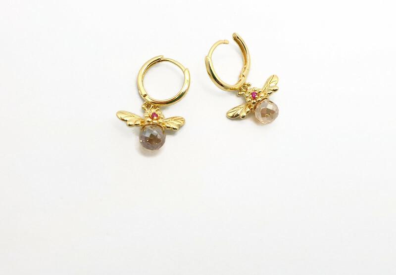 Gold Plated Honey Bee Hoop Earrings: Pink Crystal Dangle, Nature Jewelry