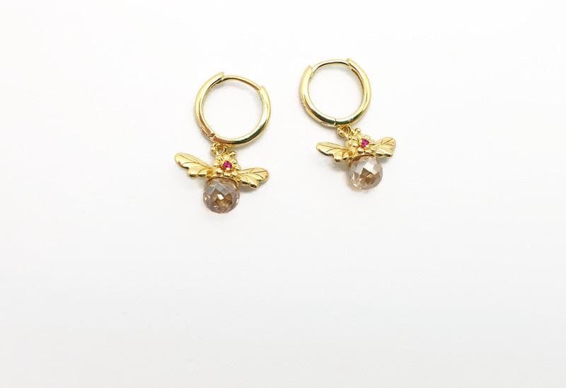 Gold Plated Honey Bee Hoop Earrings: Pink Crystal Dangle, Nature Jewelry