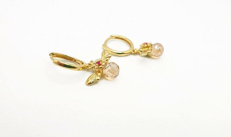 Gold Plated Honey Bee Hoop Earrings: Pink Crystal Dangle, Nature Jewelry