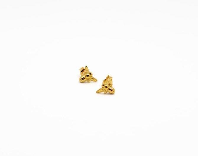 Gold Plated Bee Studs, honeybee nature inspired jewelry, buzzing jewelry