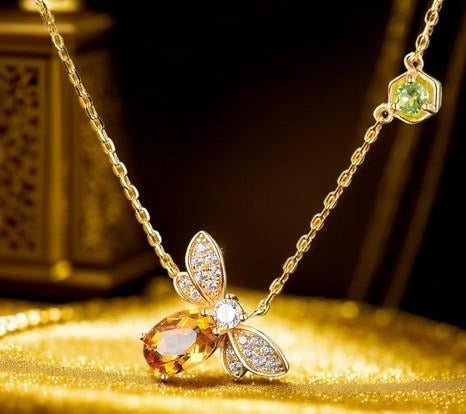Gold Plated Honey Bee Necklace: Citrine, Peridot & Cubic Zirconia
