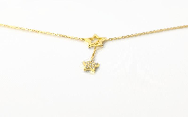 Magic Star Necklace and Stud Earrings Set in Gold Plated Silver and cubic circonia: Minimalist Celestial Jewelry