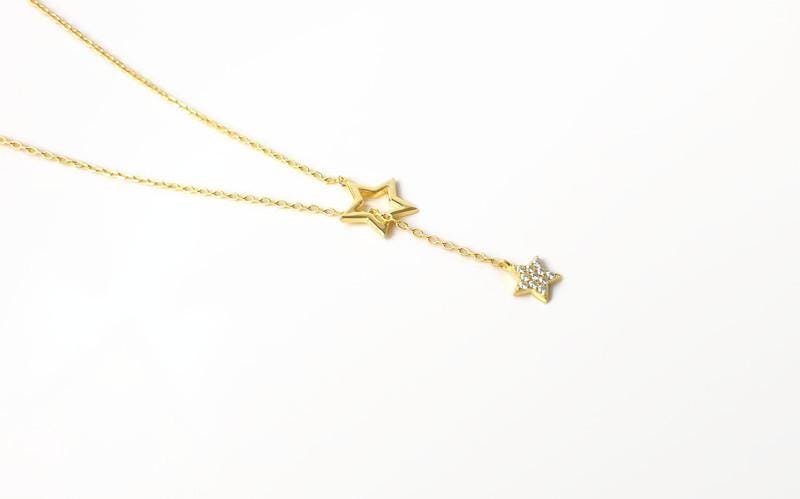 Magic Star Necklace and Stud Earrings Set in Gold Plated Silver and cubic circonia: Minimalist Celestial Jewelry