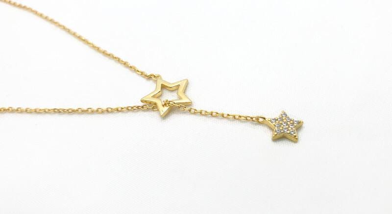 Magic Star Necklace and Stud Earrings Set in Gold Plated Silver and cubic circonia: Minimalist Celestial Jewelry