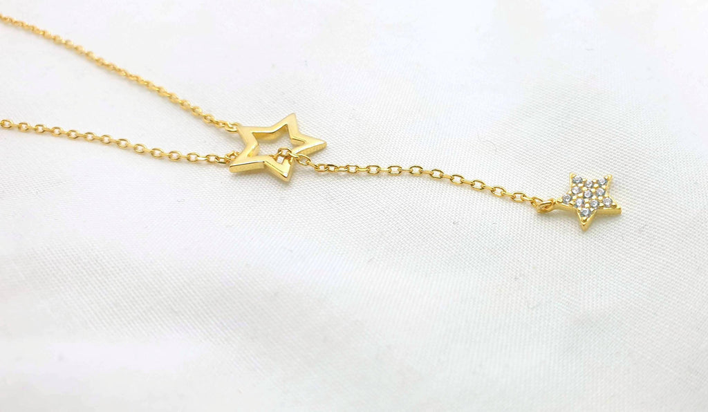 Magic Star Necklace and Stud Earrings Set in Gold Plated Silver and cubic circonia: Minimalist Celestial Jewelry