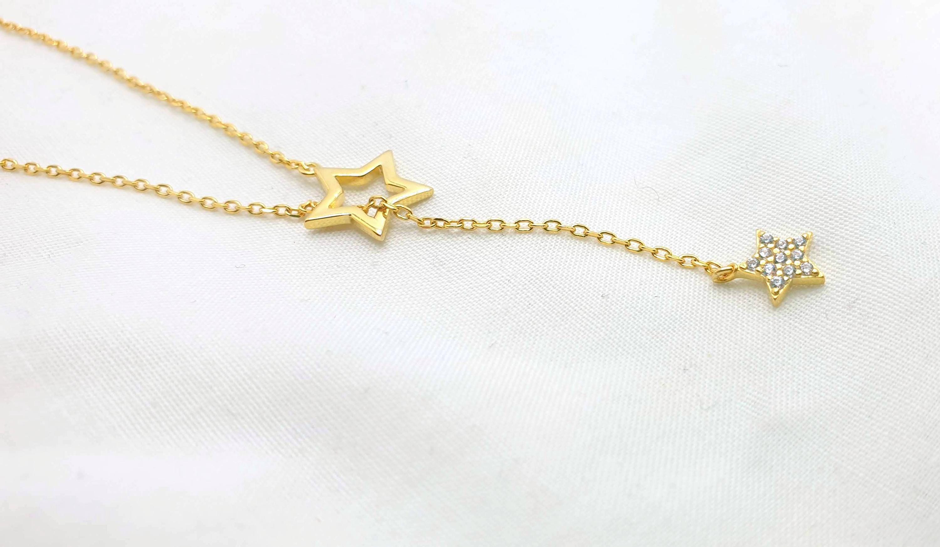 Magic Star Necklace and Stud Earrings Set in Gold Plated Silver and cubic circonia: Minimalist Celestial Jewelry