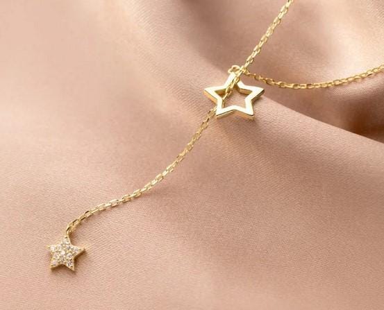Magic Star Necklace and Stud Earrings Set in Gold Plated Silver and cubic circonia: Minimalist Celestial Jewelry
