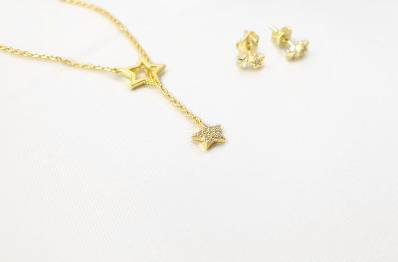 Magic Star Necklace and Stud Earrings Set in Gold Plated Silver and cubic circonia: Minimalist Celestial Jewelry