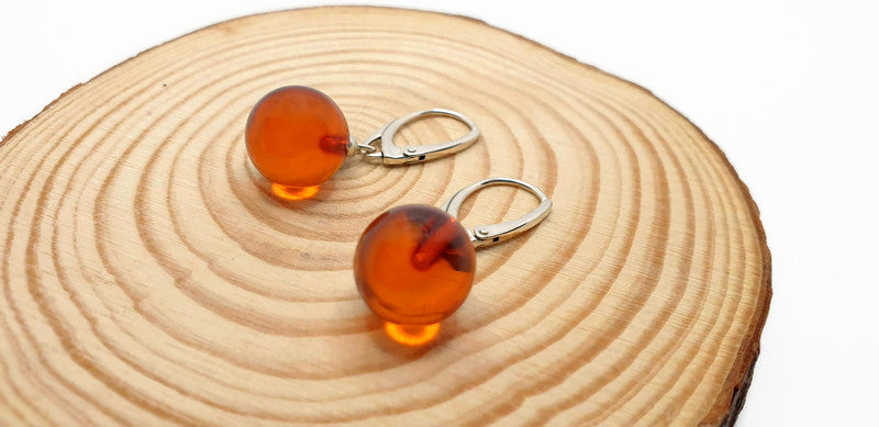 Beautiful Honey Cognac Clear Polished Amber Danlge Earrings with Sterling Silver 925, round ball drop dangle earrings, Baltic amber jewelry