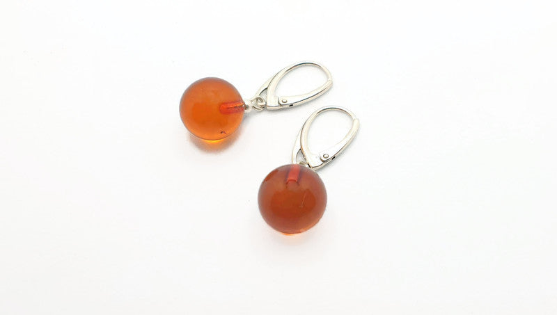 Beautiful Honey Cognac Clear Polished Amber Danlge Earrings with Sterling Silver 925, round ball drop dangle earrings, Baltic amber jewelry