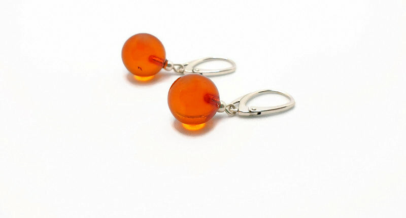 Beautiful Honey Cognac Clear Polished Amber Danlge Earrings with Sterling Silver 925, round ball drop dangle earrings, Baltic amber jewelry