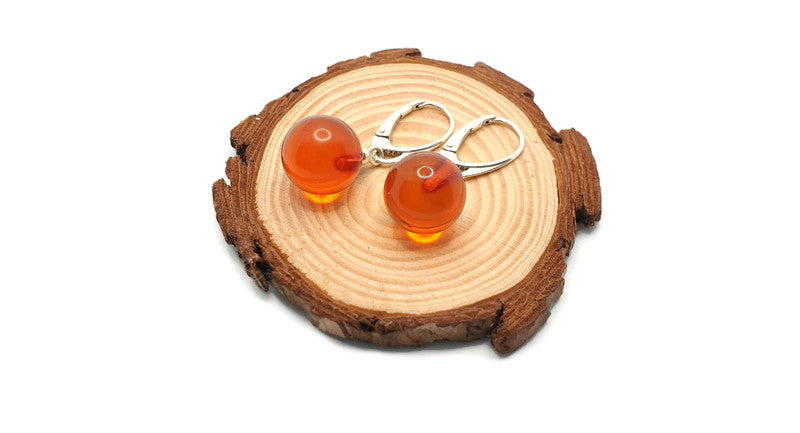 Beautiful Honey Cognac Clear Polished Amber Danlge Earrings with Sterling Silver 925, round ball drop dangle earrings, Baltic amber jewelry