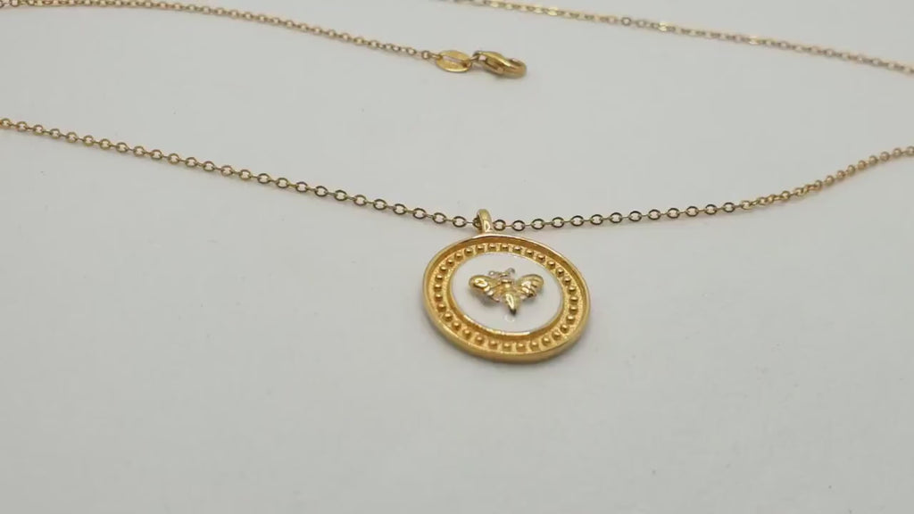 Gold Plated Silver Bee Necklace: White Enamel Circle Pendant