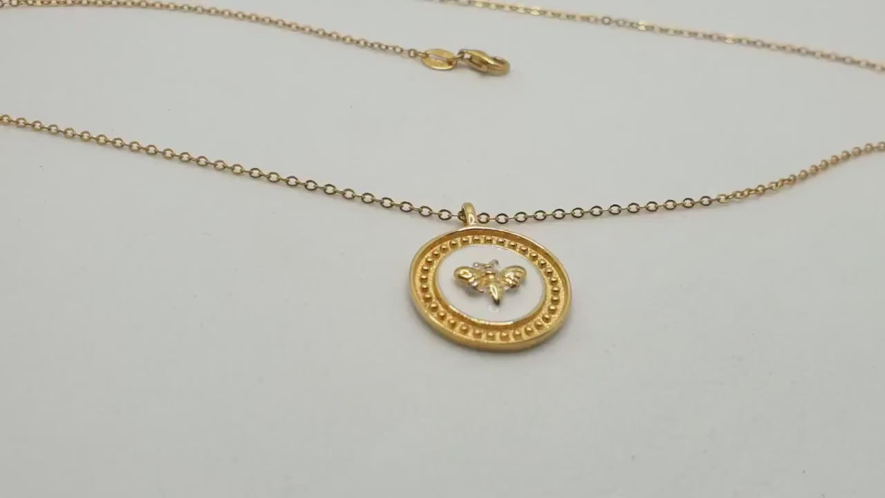 Gold Plated Silver Bee Necklace: White Enamel Circle Pendant