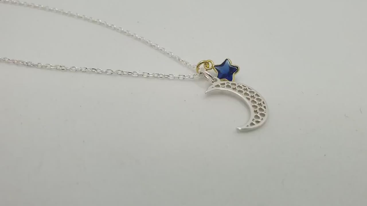 Sterling Silver Celestial Necklace: Moon & Blue Star Pendant