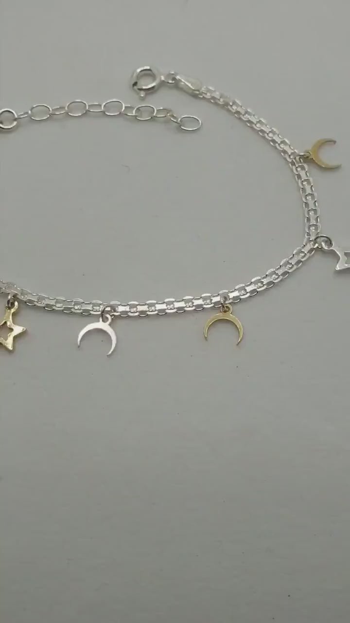 Sterling Silver Star and Moon Charm Bracelet: Celestial Jewelry